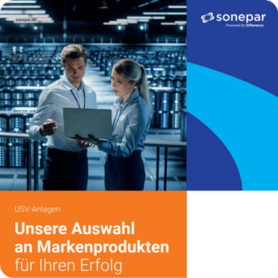 Deckblatt der Broschüre Sonepar USV. Eine Frau und ein Mann schauen auf einen Laptop.